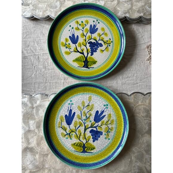 Vintage Majolica Pottery Platters Handprinted 10” dinner plates grape tree green - Picture 4 of 7